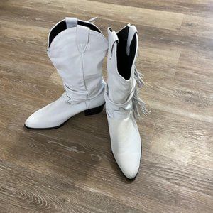 White Cowgirl Fringe Western Mid Calf Pointed Toe Leather Boots